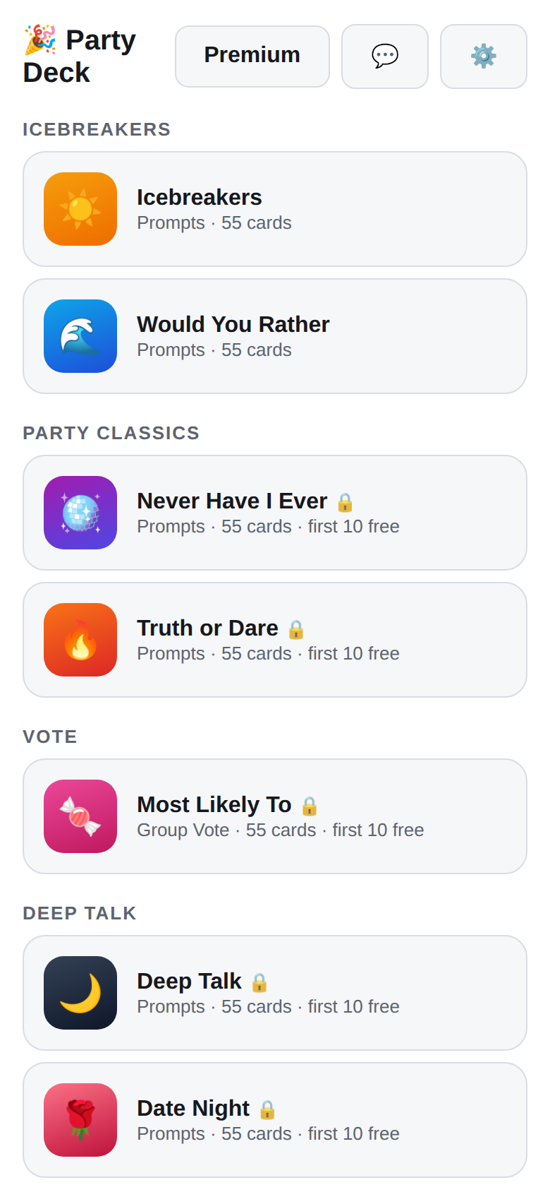 Every party format in one library.
